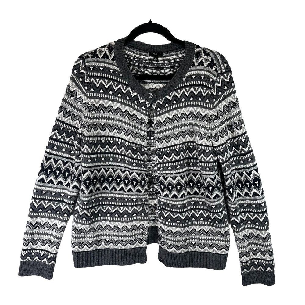 Talbots Geometric Chevron Beaded Button‎ Front Knit Cardigan Lambswool Blend M P